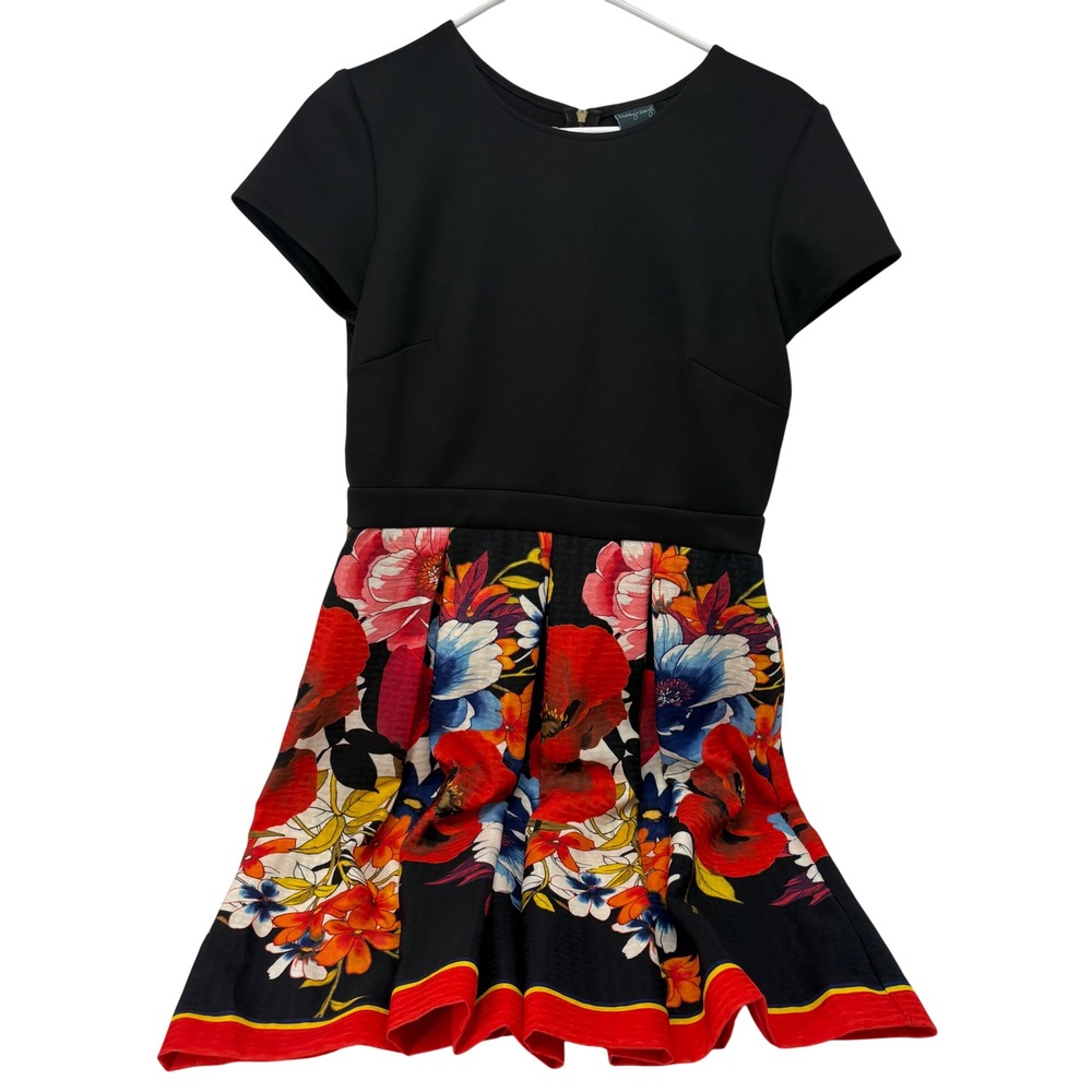 Gabby Skye Women Black Floral Fit and Flare Dress Short Sleeve Size 10